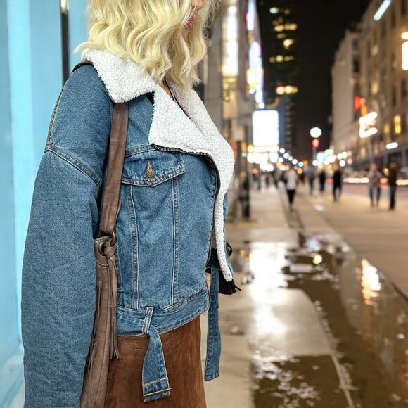 Sherpa Lined Denim Moto Jacket by Vylette Small - Picture 5 of 8